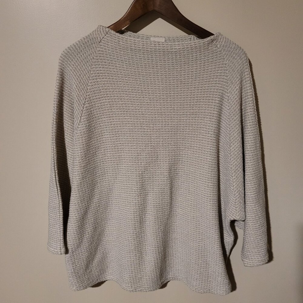 Chicos Silver and Cream Sparkly Slit Neck 3.4 Sleeve Top SZ 3 (XL)